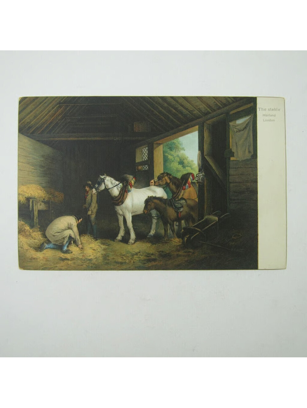 Postcard Art Painting Inside of a Stable by George Morland London Horses Antique
